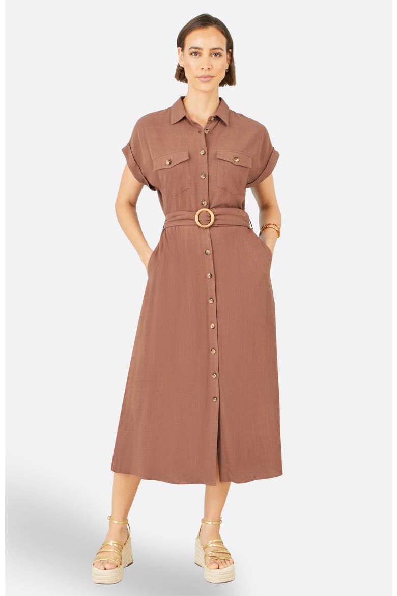 Linen Look Midi Shirt Dress, Alternate, color, Brown