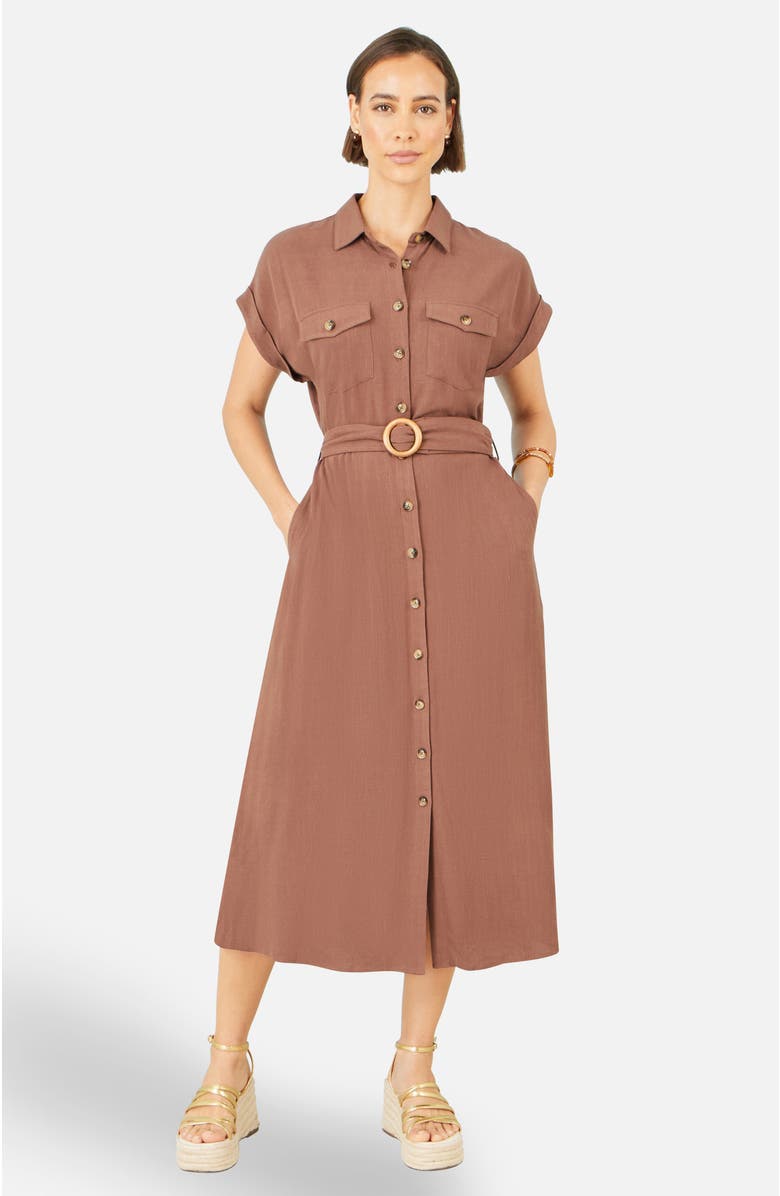 Yumi Viscose Linen Look Midi Shirt Dress, Alternate, color, Brown