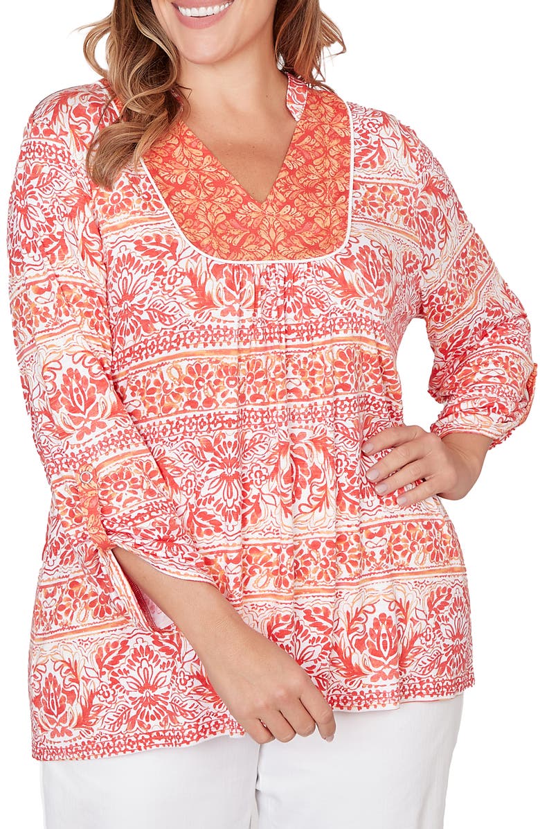 RUBY RD Printed Slub Jersey Top, Main, color, Deep Coral Combo