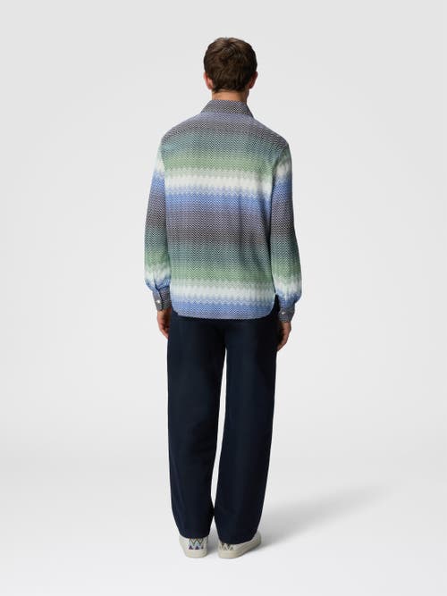 Missoni Gradient Zig Zag Cotton Knit Shirt With Breast Pocket In Blue & Green