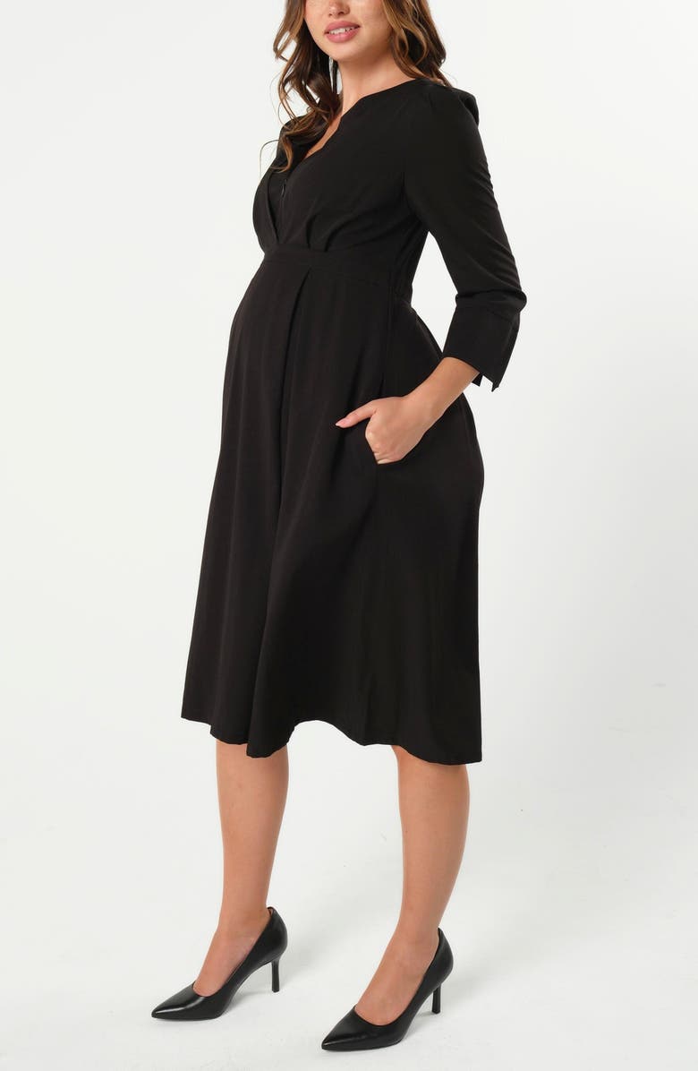 Marion Petite Women's 3/4 Sleeve Empire Waist Maternity & Nursing Midi Tea Dress, Alternate, color, Black