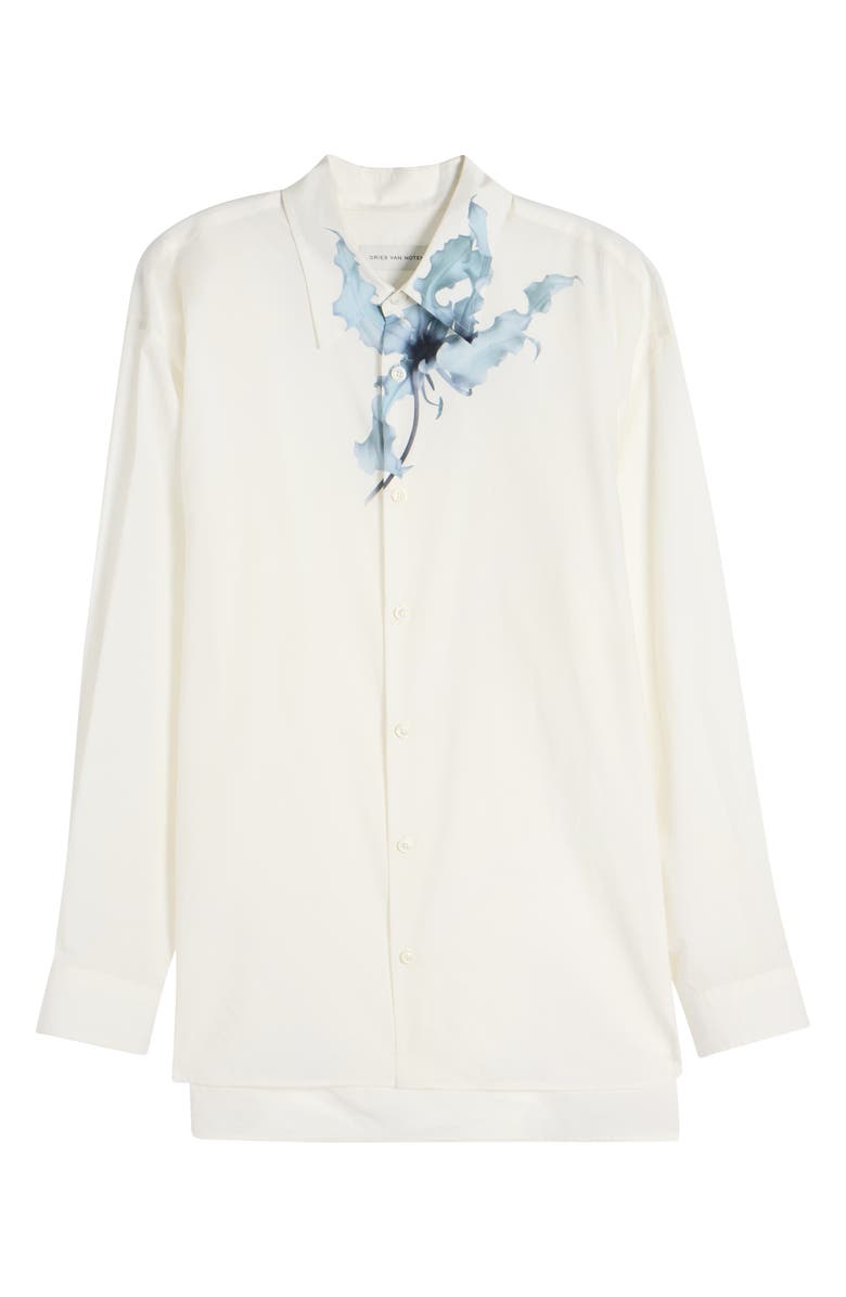 Dries Van Noten Croom Floral Cotton Poplin Button-Up Shirt, Alternate, color, White/ Light Blue