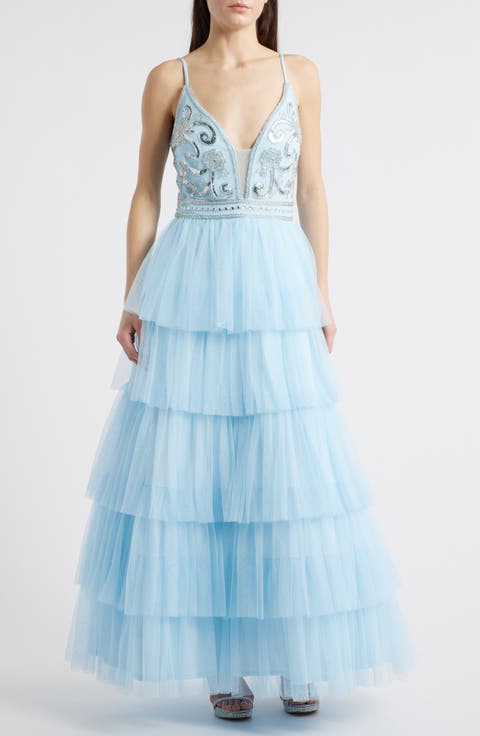 Beaded Bodice Ruffle Tulle Gown
