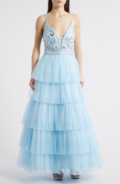 Jump Apparel Beaded Bodice Ruffle Tulle Gown In Light Blue