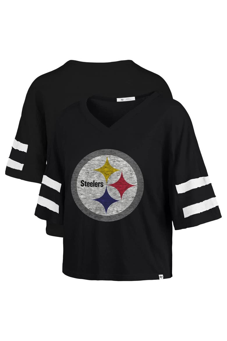 Women's '47 Black Pittsburgh Steelers Premier Scout Cropped V-Neck T-Shirt, Main, color, Black