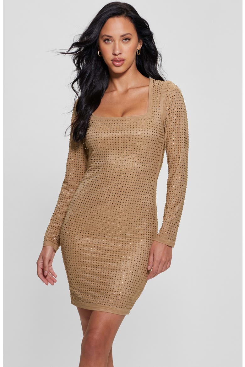 Emilie Rhinestone Long Sleeve Minidress, Alternate, color, WET SAND MULTI
