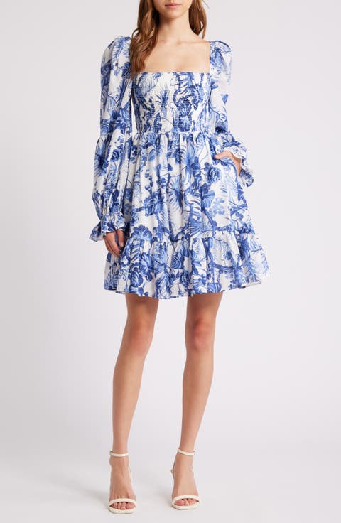 Smocked Bodice Long Sleeve Cotton Minidress