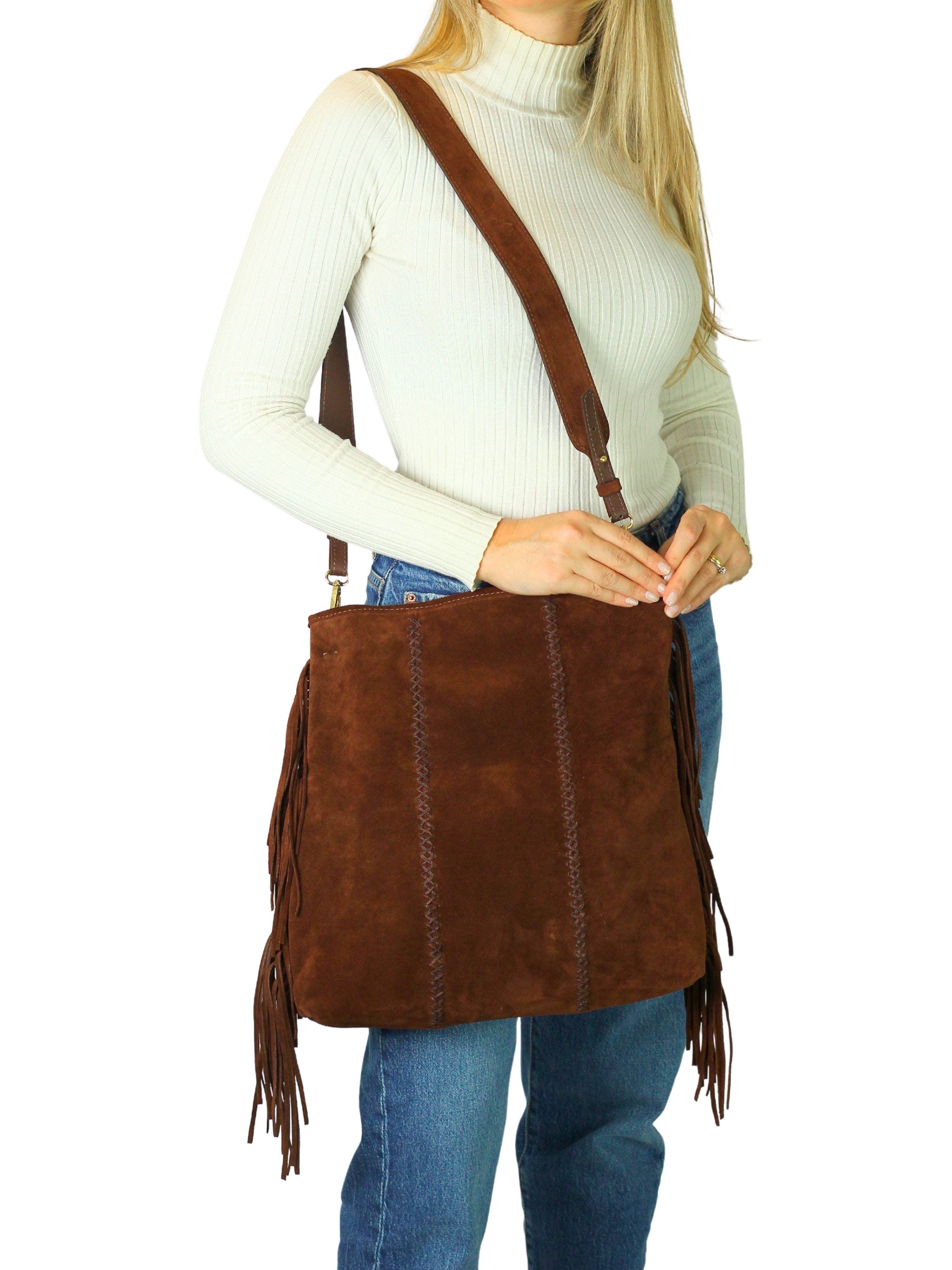 Carlos Falchi Large Fringe Suede Crossbody Messenger, Alternate, color, Cocoa