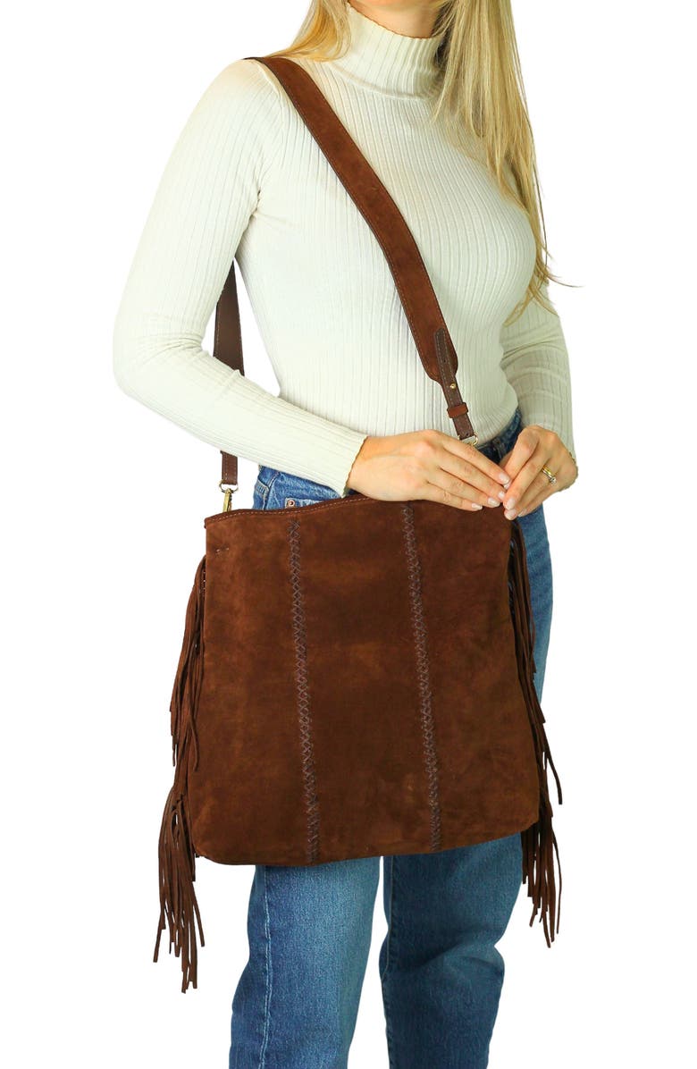 Carlos Falchi Large Fringe Suede Crossbody Messenger, Alternate, color, Cocoa