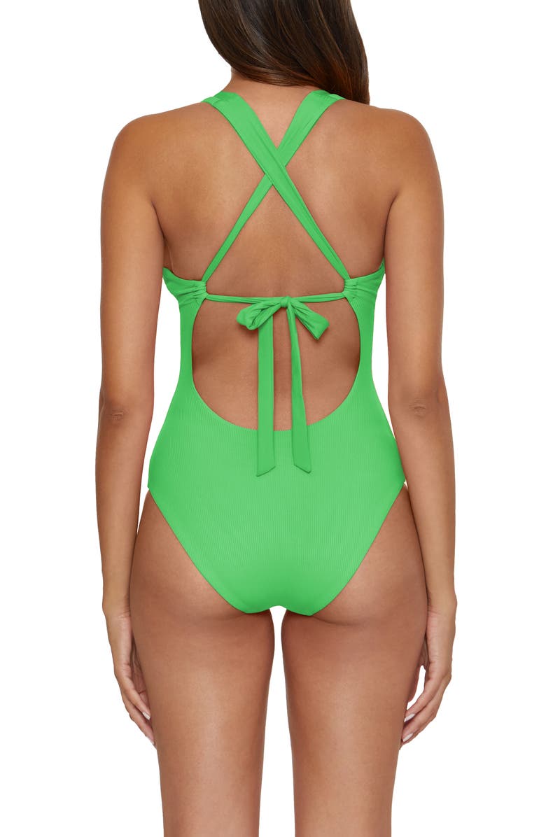 Becca Modern Edge Ribbed Lace-Up Plunge One-Piece Swimsuit, Alternate, color, Palm