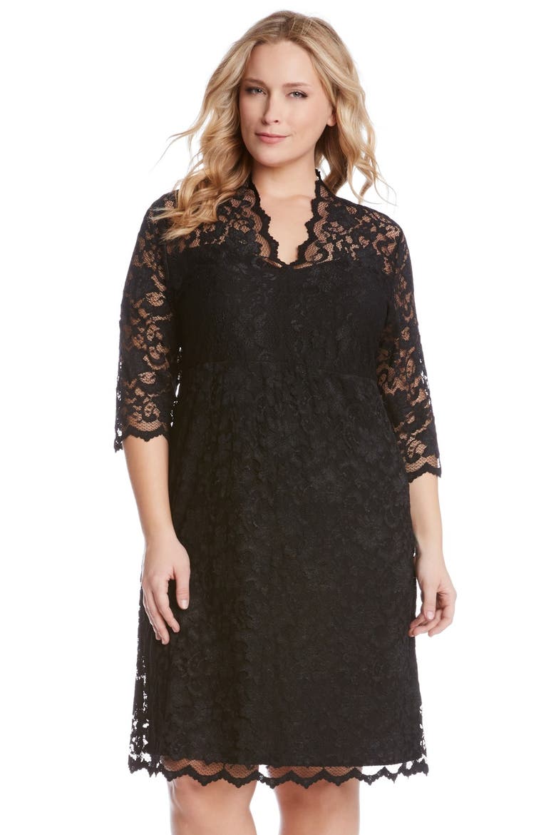 Scalloped Stretch Lace Dress, Alternate, color, BLACK