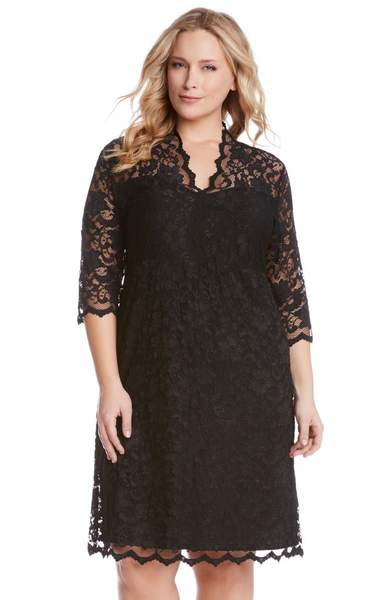 Karen Kane Scalloped Stretch Lace Dress, Alternate, color, Black