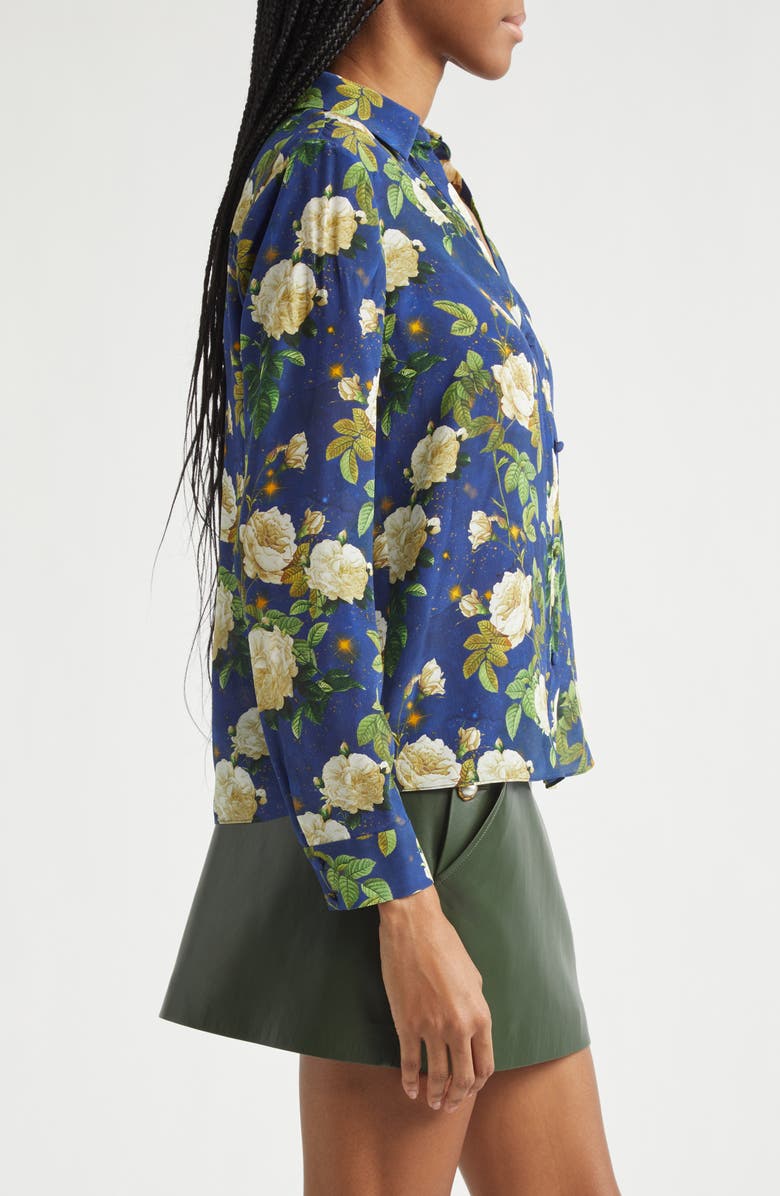 Alice + Olivia Eloise Floral Silk Button-Up Shirt, Alternate, color, Twilight Eden