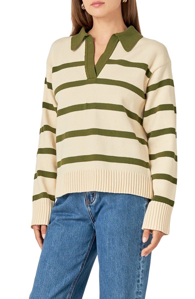 English Factory Stripe Collared Sweater, Alternate, color, Cream/ Olive
