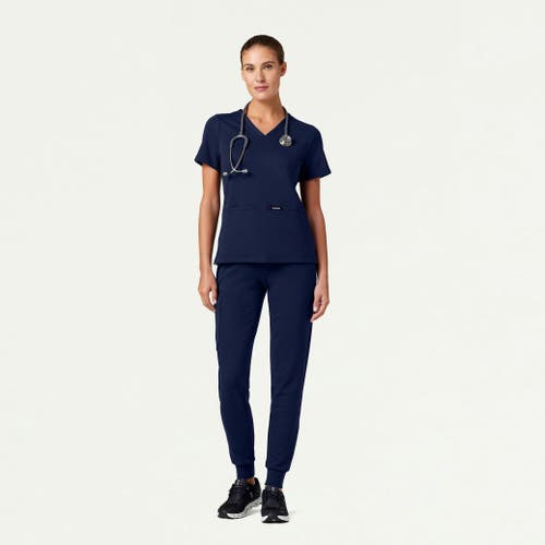 Jaanuu 2-pocket Slim Knit V-neck Scrub Top In Blue