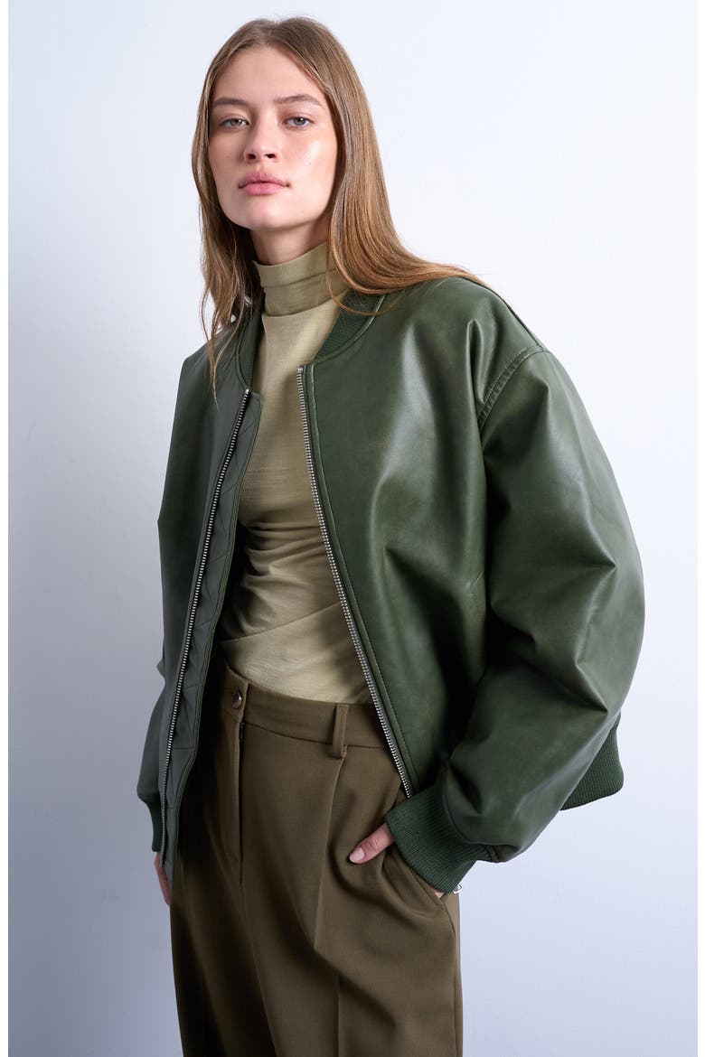Oversize Faux Leather Bomber Jacket, Main, color, MEDIUM GREEN