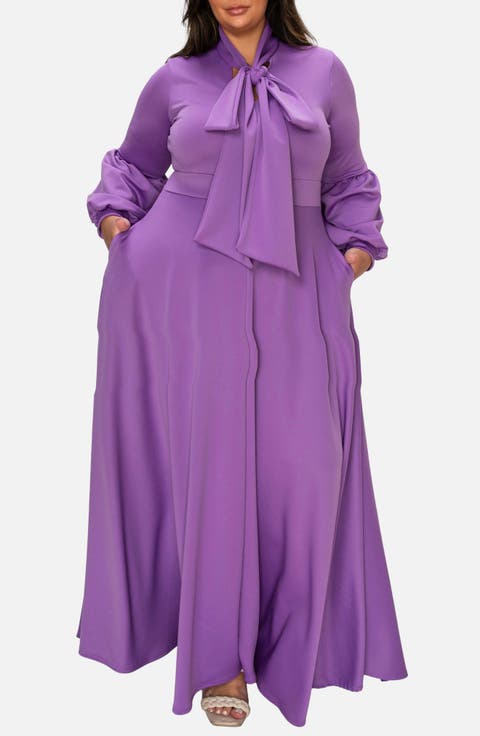 Bella Donna Long Sleeve Ribbon Tie Dress (Plus)