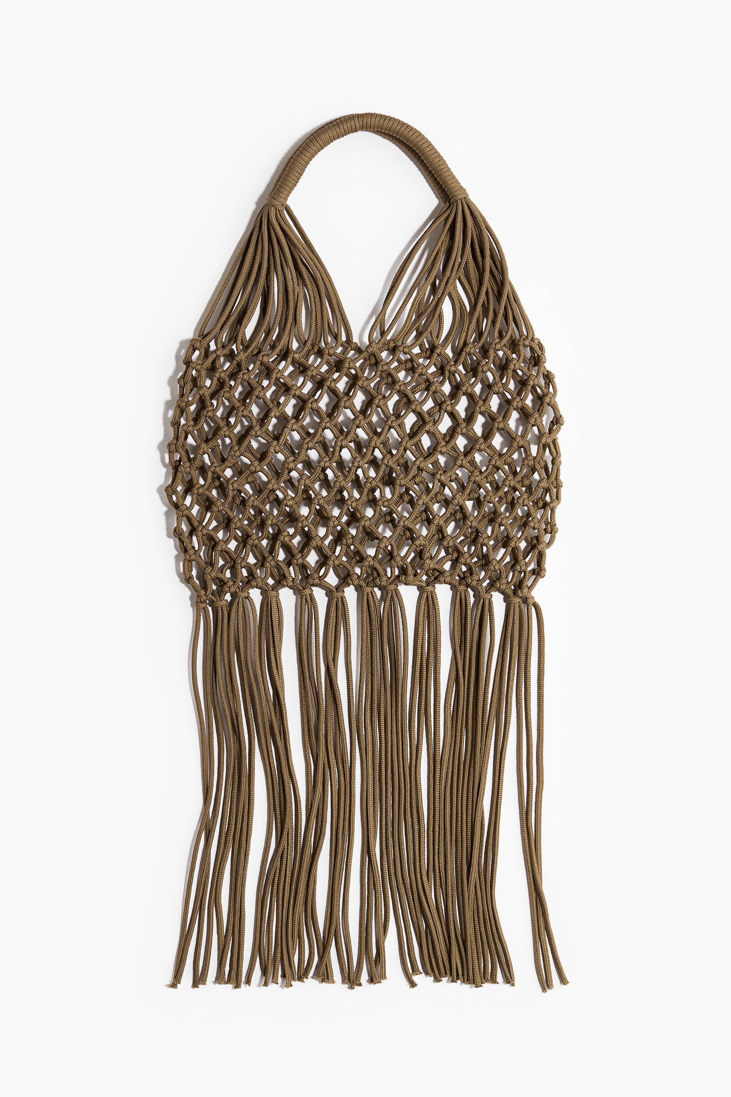 H&M Fringed Net Shoulder Bag, Main, color, Khaki Green