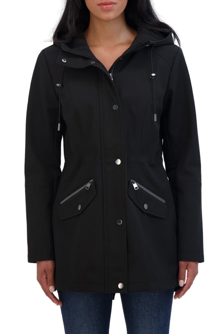 Water Resistant Hooded Softshell Coat, Main, color, BLACK