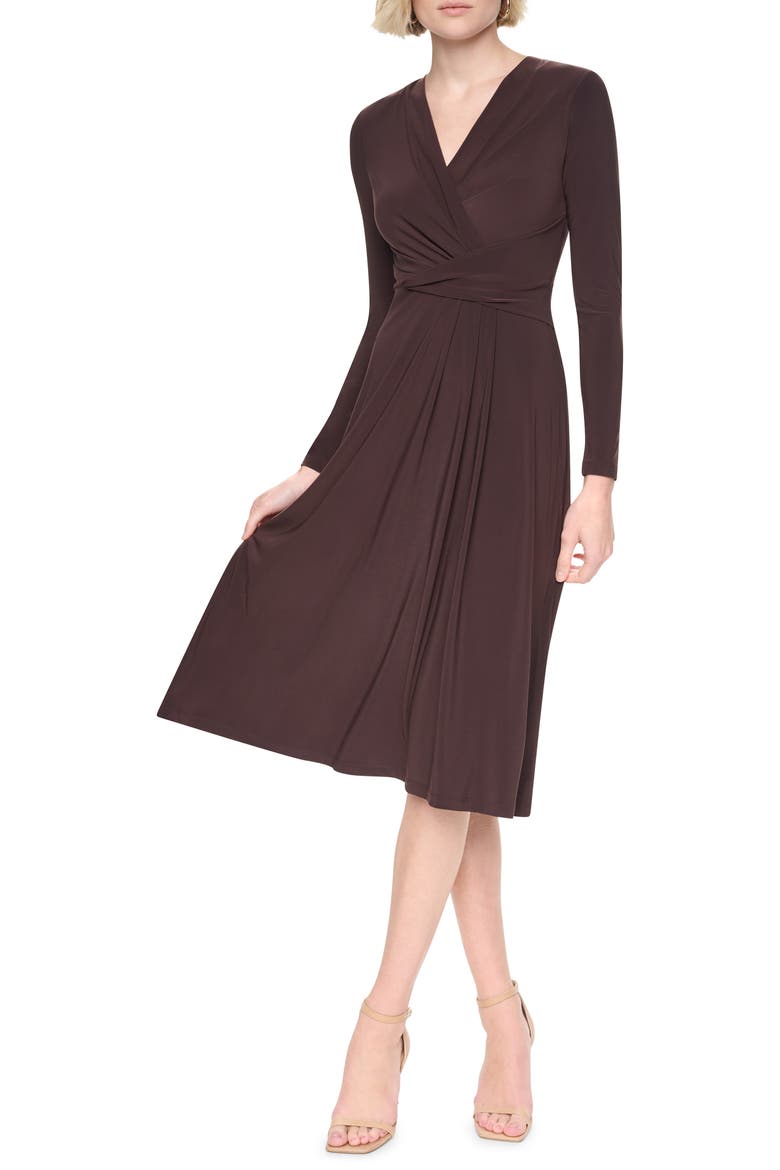 Long Sleeve V-Neck Midi Dress, Alternate, color, CHOCOLATE