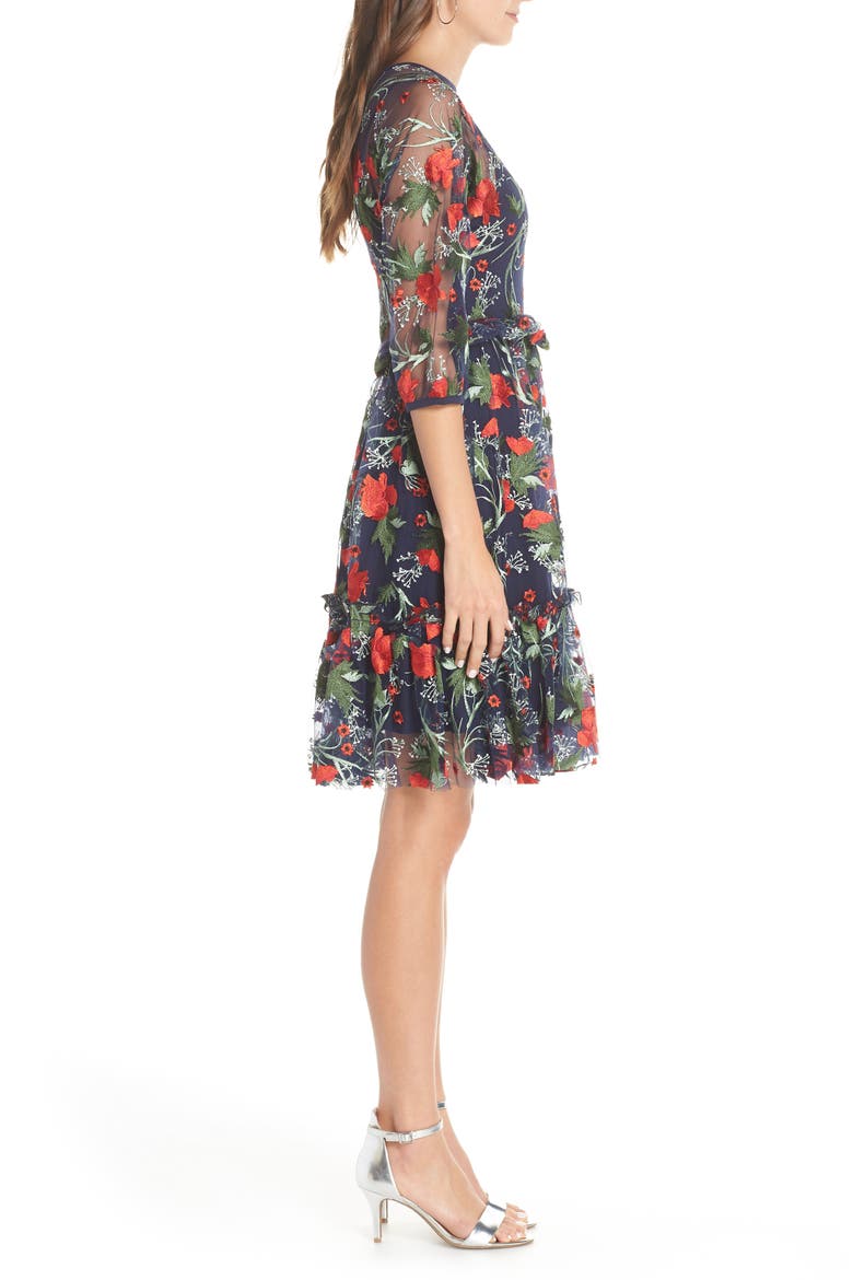 Embroidered Mesh Fit & Flare Dress, Alternate, color, RED FLORAL
