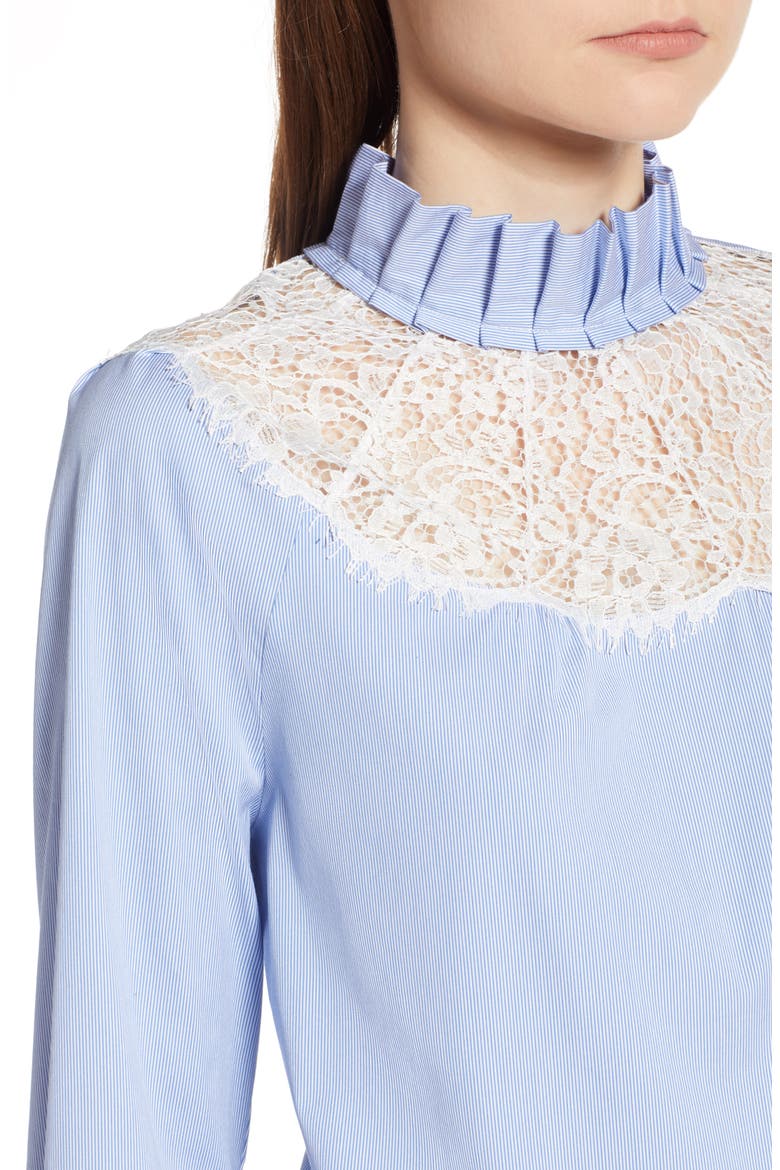 Lace Yoke Poplin Pinstripe Blouse, Alternate, color, WHITE- BLUE MICRO STRIPE