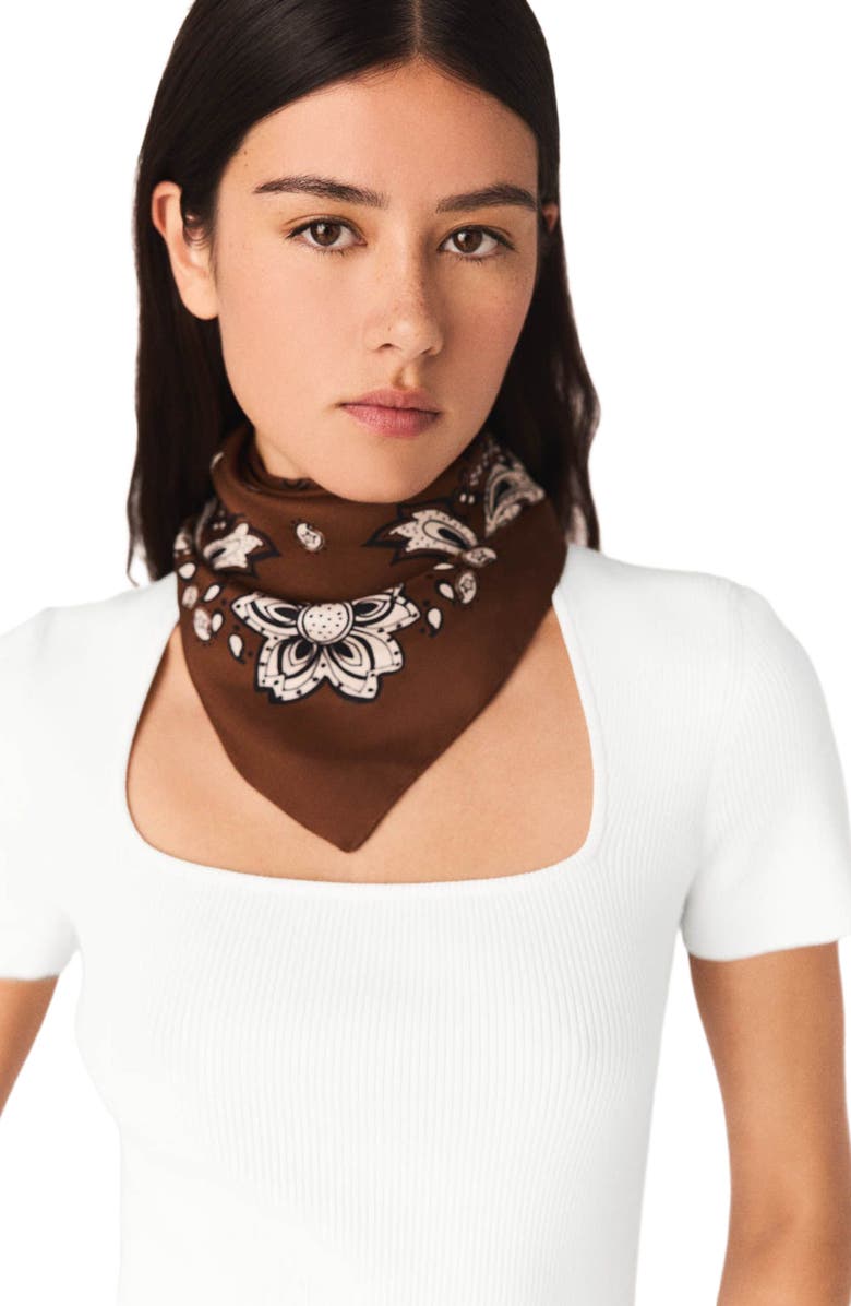 maje Bandana print silk scarf, Alternate, color, Brown Bandana Print