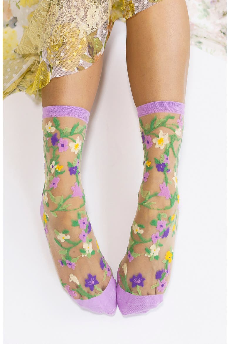 Floral Sheer Crew Socks, Alternate, color, PINK/ PURPLE