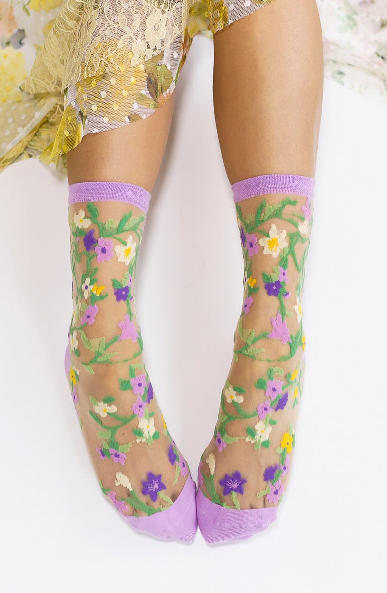 Sock Candy Floral Sheer Crew Socks, Alternate, color, Pink/ Purple