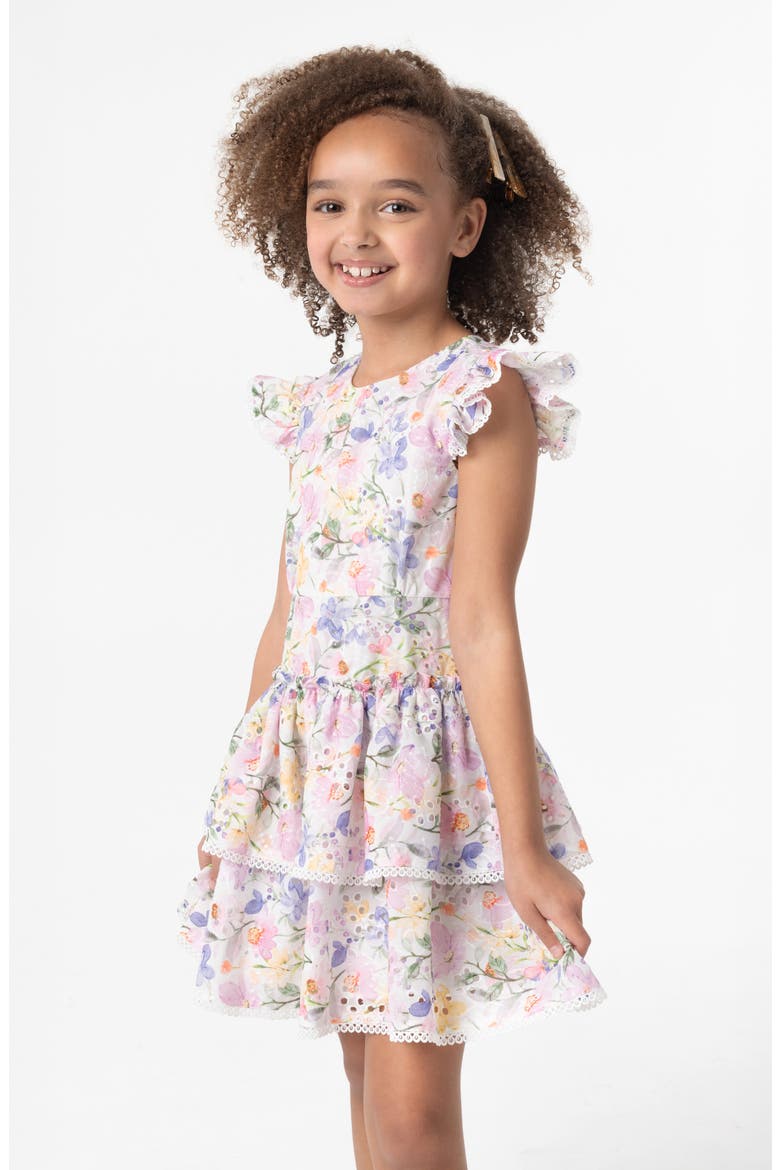Kids' Printed Eyelet Drop Waist Dress, Alternate, color, LILAC