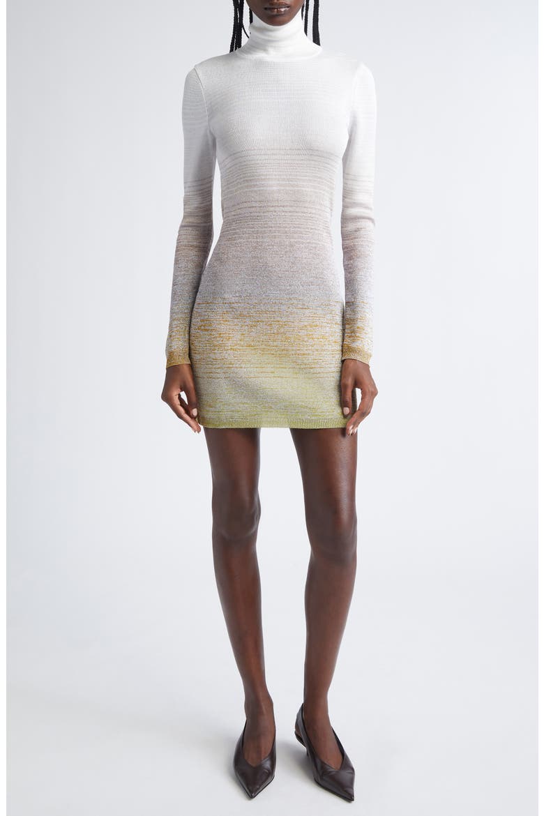 Ombré Stripe Long Sleeve Turtleneck Mini Sweater Dress, Main, color, MULTICOLOR YELLOW GREEN