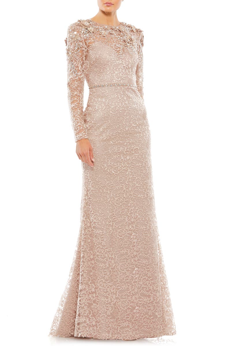 Mac Duggal Floral Filigree Long Sleeve Gown, Main, color, 