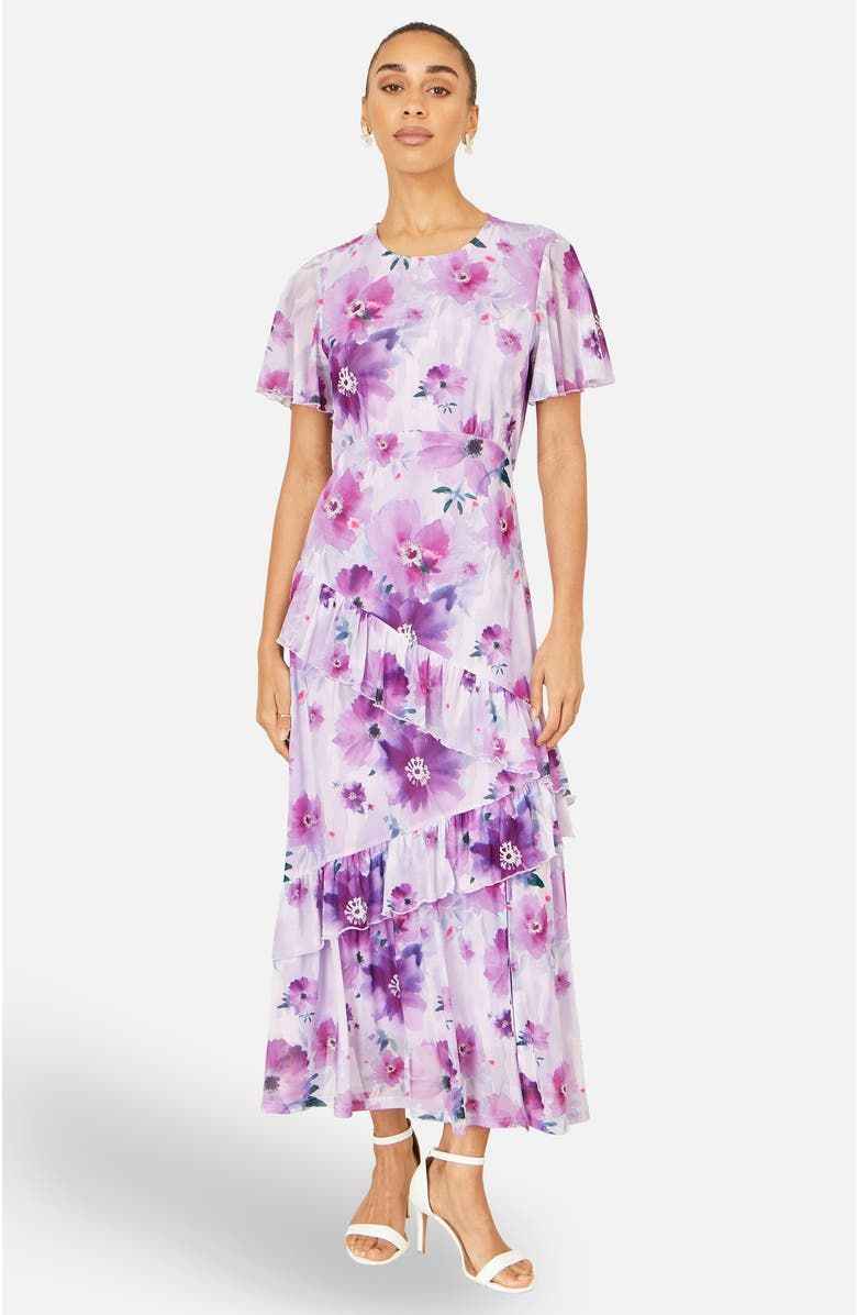 Yumi Floral Print Frill Midi Dress, Alternate, color, Lavender