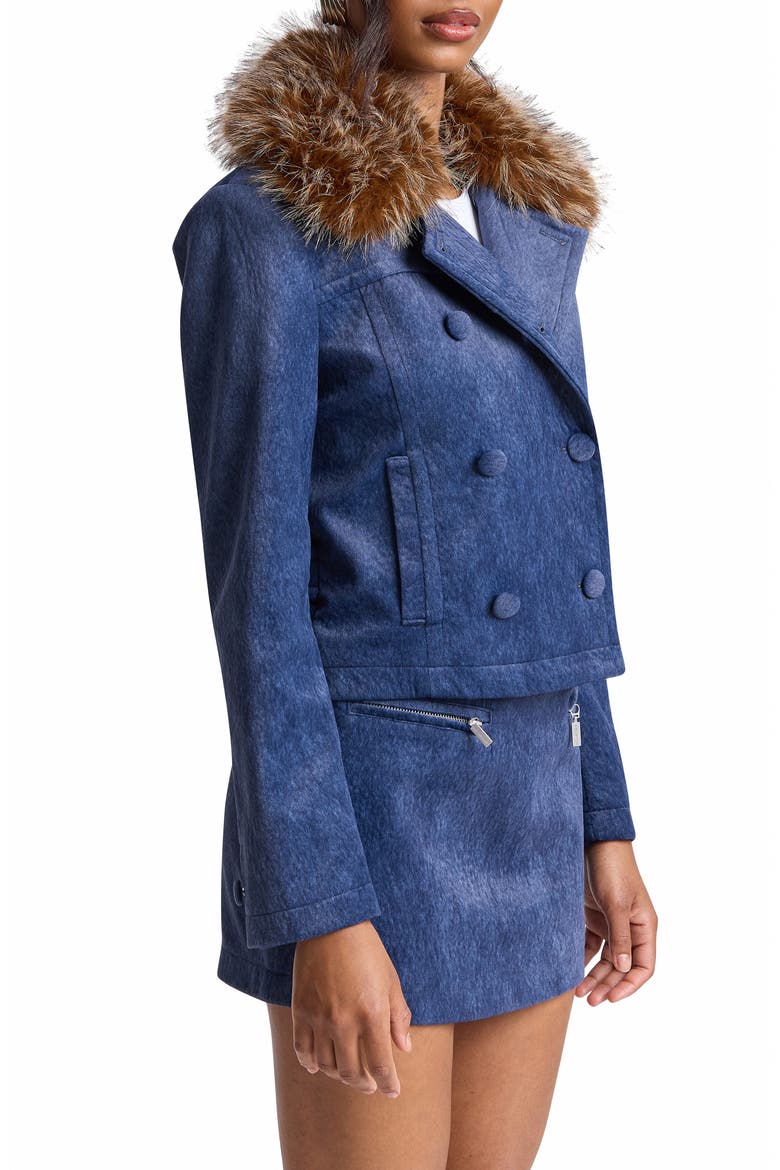 Faux Fur Collar Double Breasted Jacket, Alternate, color, BRIGHT BLUE