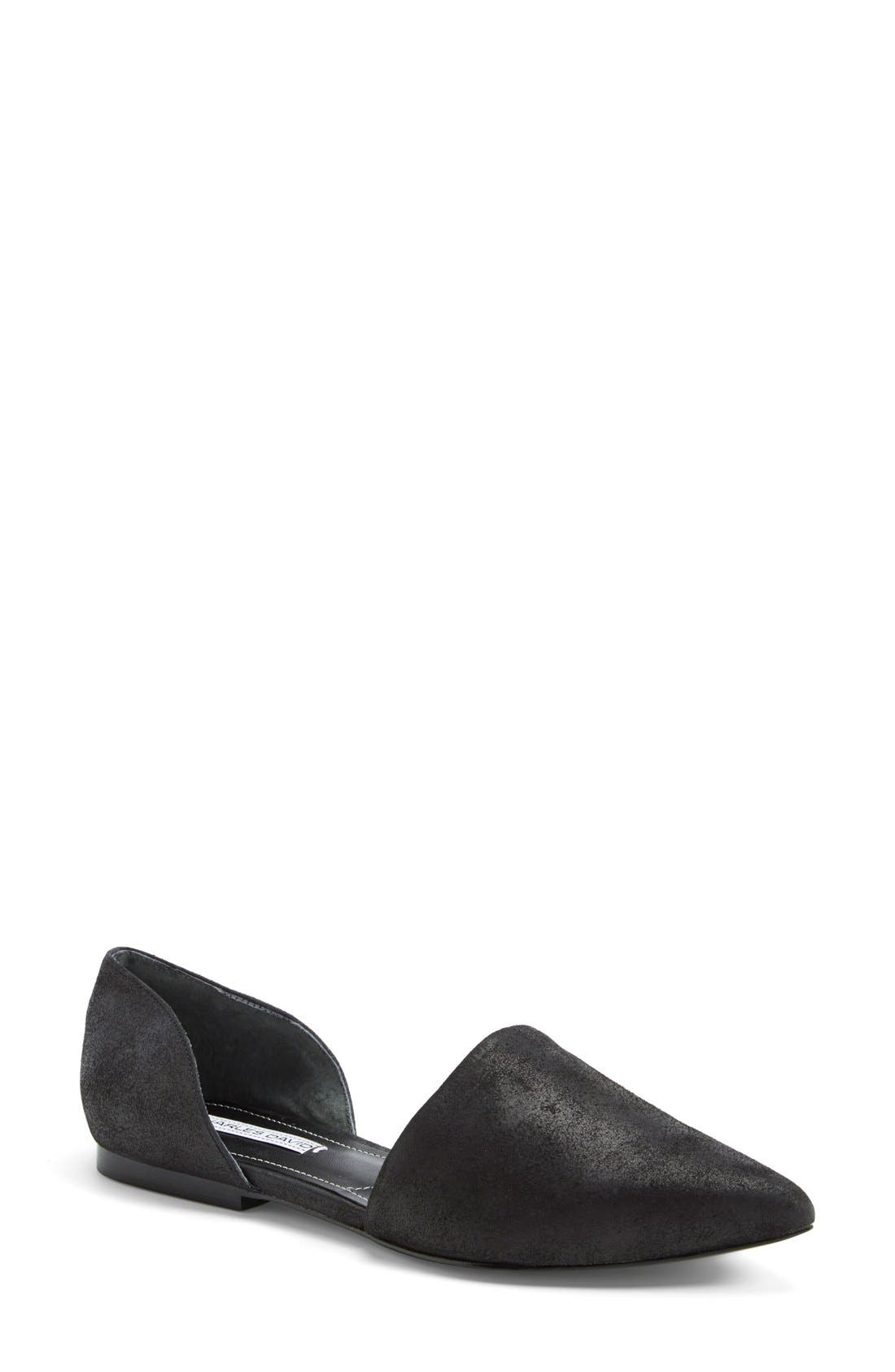 'Kenny' Pointy Toe d'Orsay Flat, Main, color, BLACK LEATHER