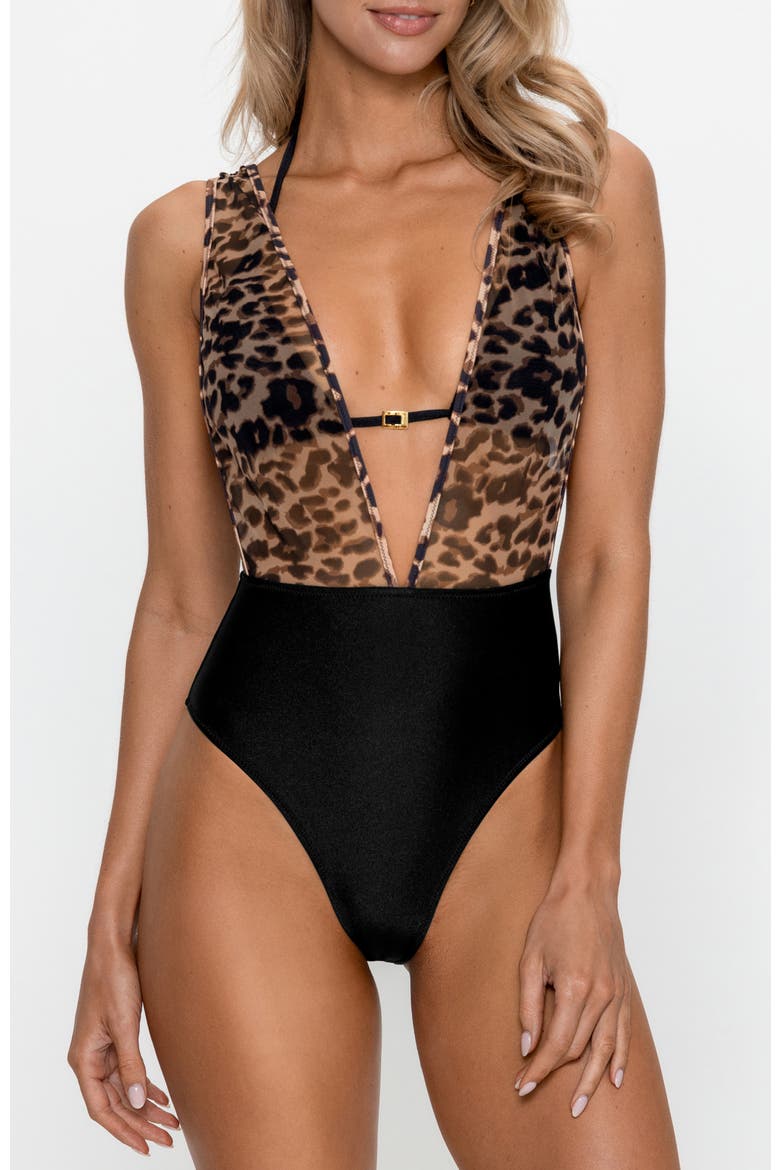 Lunara Multi-Way Leopard Mesh Swim Set, Main, color, Brown