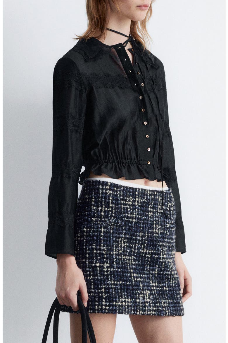 Lace Trim Button-Up Shirt, Alternate, color, BLACK