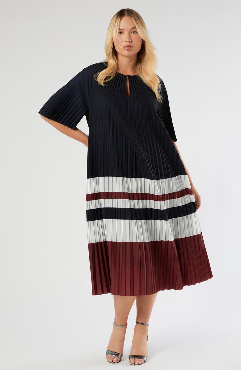 Marina Rinaldi Calibri Colorblock Pleated Crêpe de Chine Dress, Alternate, color, Cherry