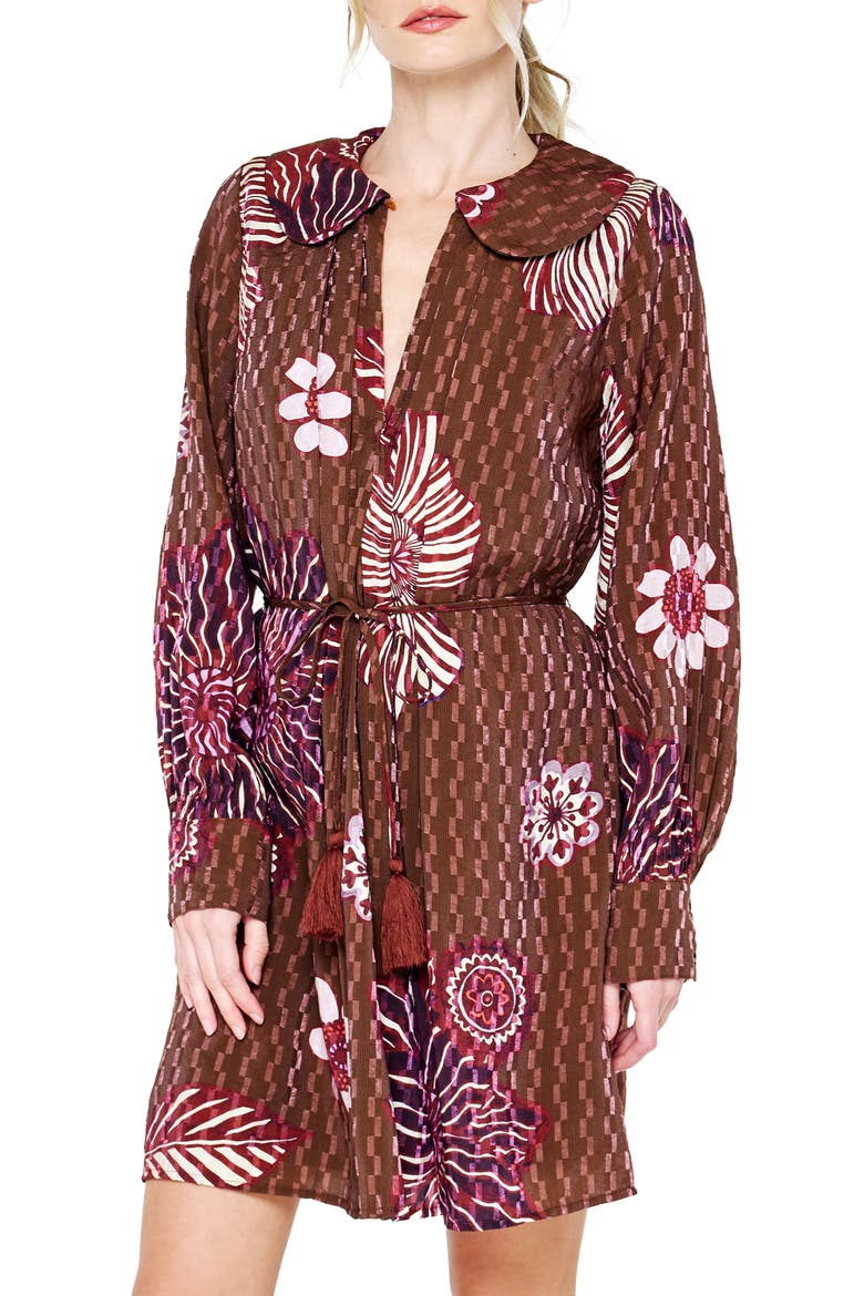 Willow Print Tie Waist Long Sleeve Dress, Alternate, color, BROWN MULTI