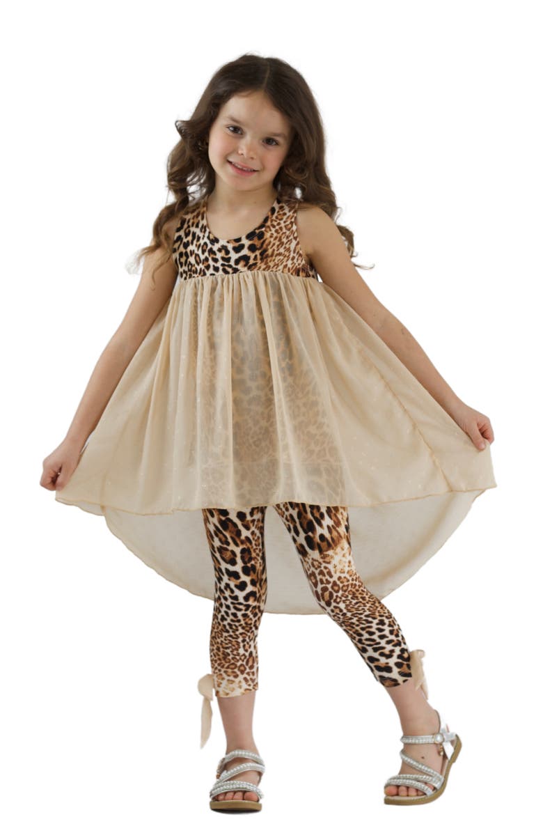 Mia Belle Girls Girls Fierce Confidence Hi-Lo Tunic and Leopard Legging Set, Main, color, Beige