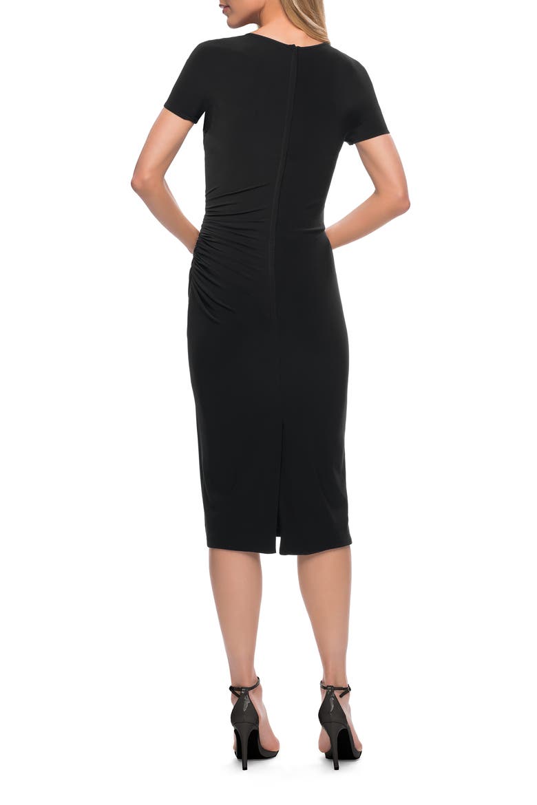 Ruched Jersey Below the Knee Dress with Short Sleeves, Alternate, color, Black