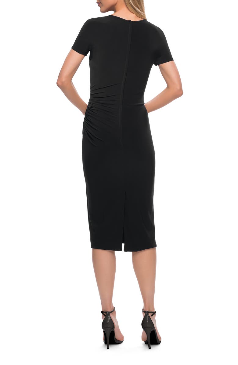 La Femme Ruched Jersey Below the Knee Dress with Short Sleeves, Alternate, color, Black