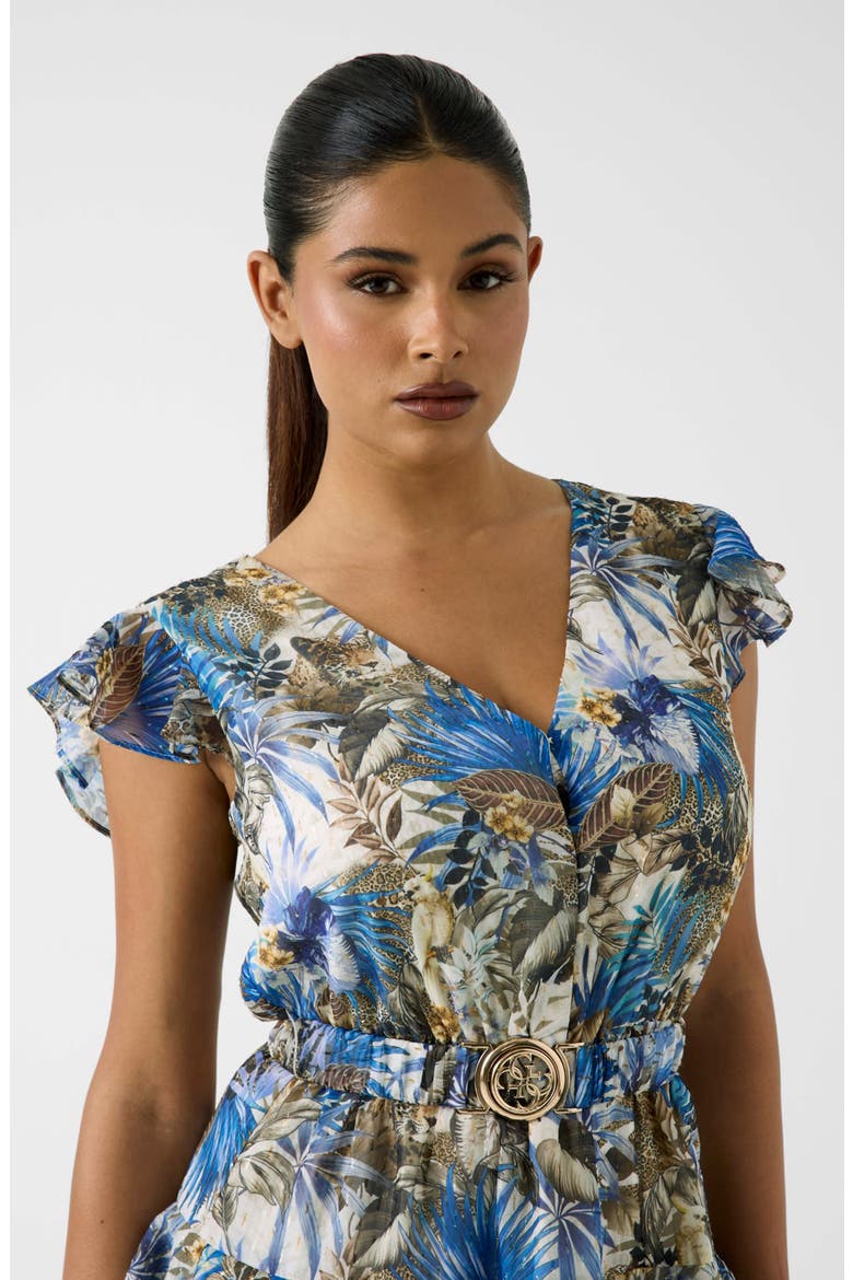 Tropical Print Ruffle MInidress, Alternate, color, OPEN BLUE