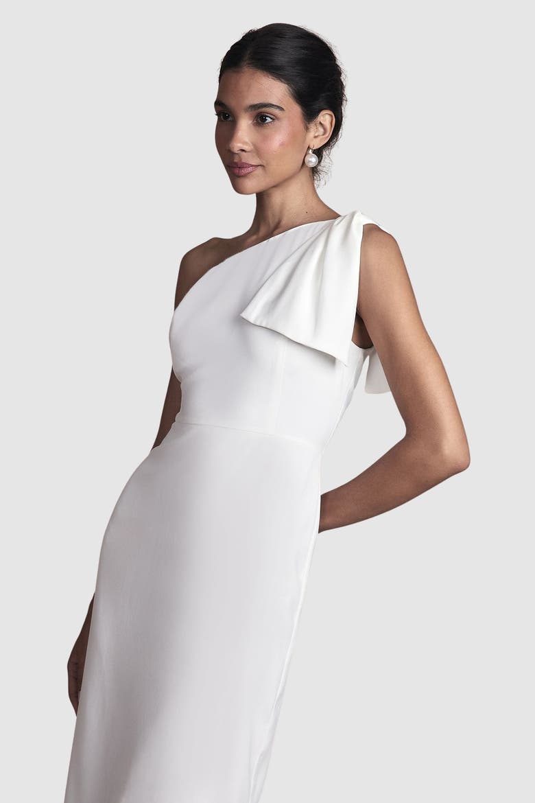 Bow One Shoulder Midi Wedding Dress, Alternate, color, Ivory