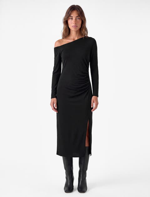 Slim Long Sleeve Fitted Off-Shoulder Midi Dress With Draped
