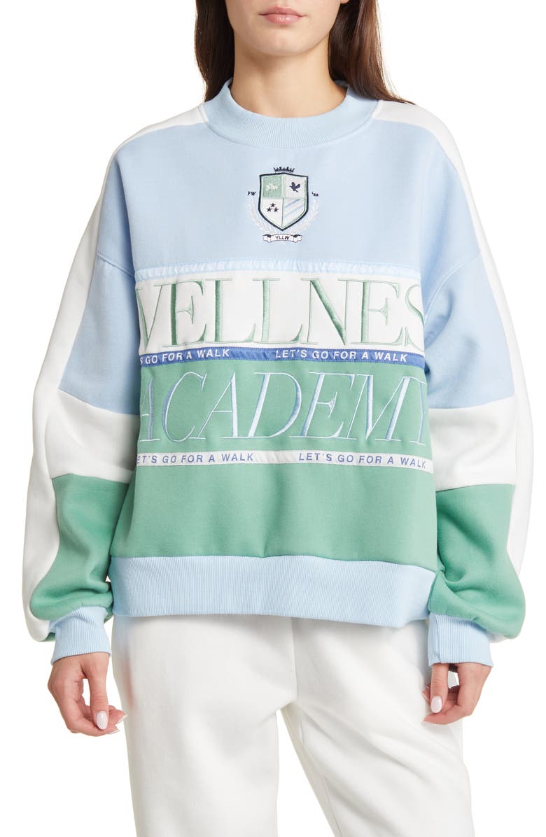 YELLOW THE LABEL Varsity Wellness Academy Colorblock Embroidered Sweatshirt, Main, color, 