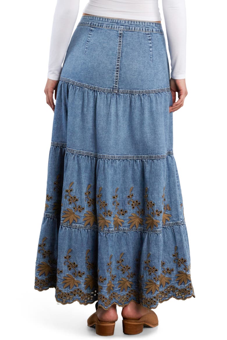 Tiered Eyelet Denim Midi Skirt, Alternate, color, BOHO DENIM