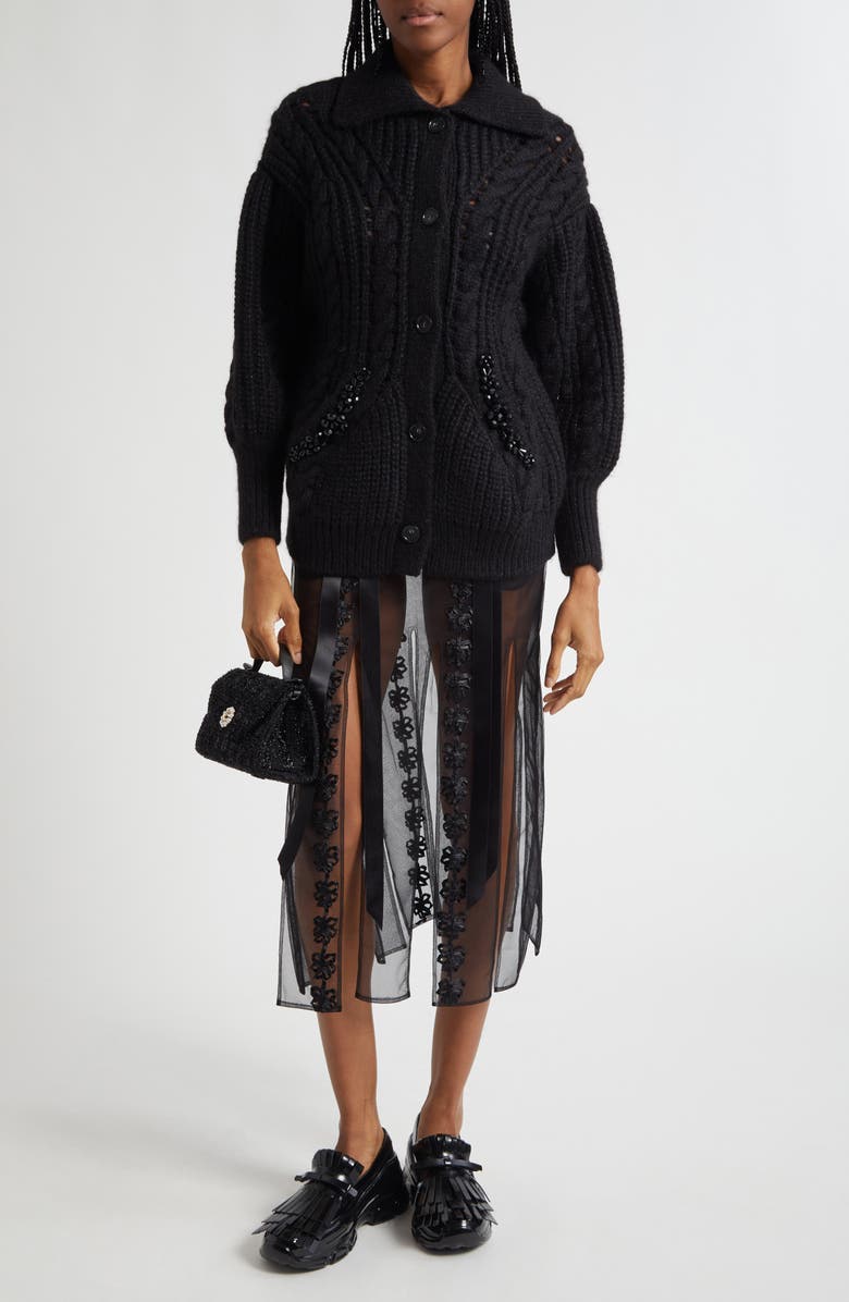 Simone Rocha Ribbon Daisy Chain Multi Slit Midi Skirt, Alternate, color, Black