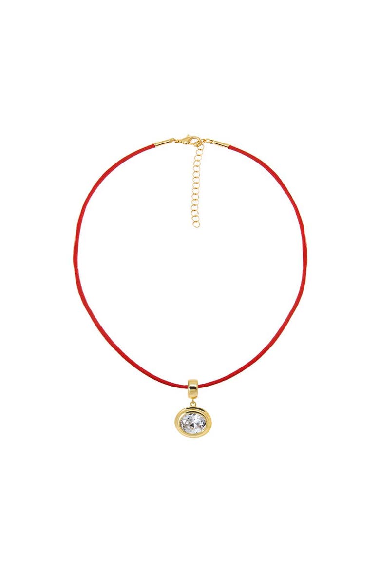 Colored CZ Oval Bezel Pendant & Rope Chain Choker Necklace, Main, color, Gold/Red