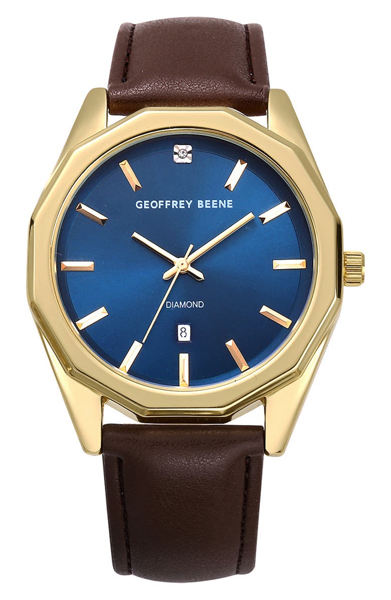 GEOFFREY BEENE Diamond Leather Strap Watch, 41mm, Main, color, Gold